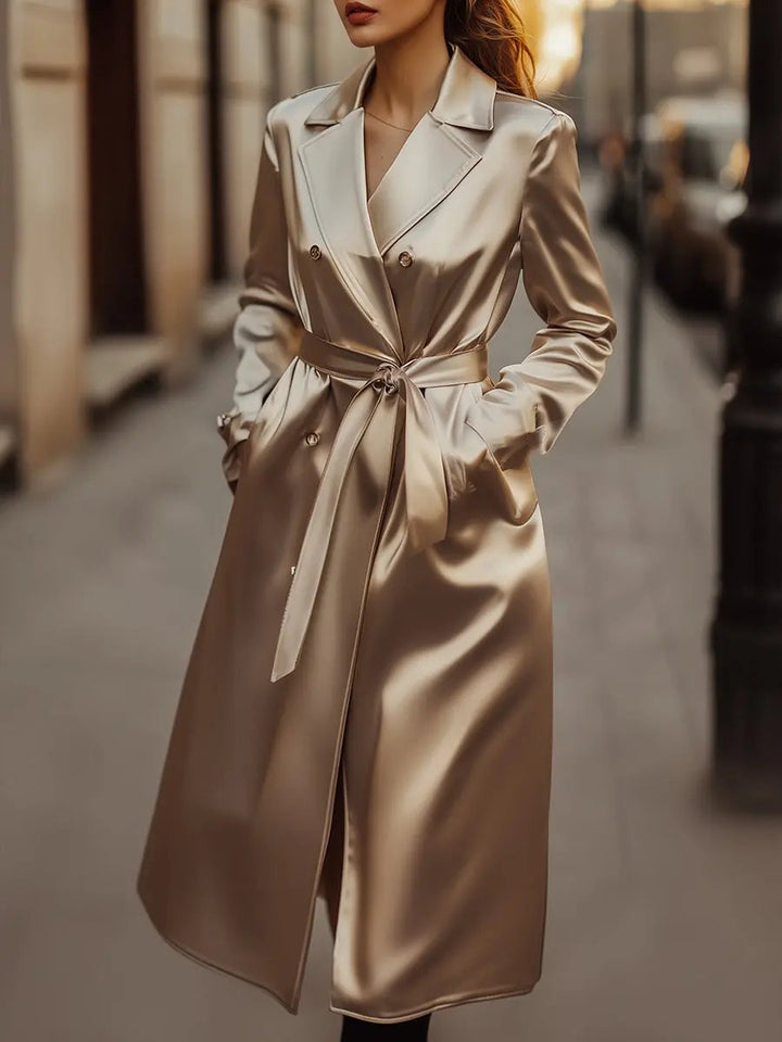 Women's Champagne Satin Tailored Trench, Timeless Elegance - Trench Coat CASA LARO