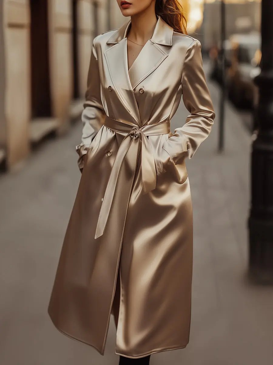 Women's Champagne Satin Tailored Trench, Timeless Elegance - Trench Coat CASA LARO