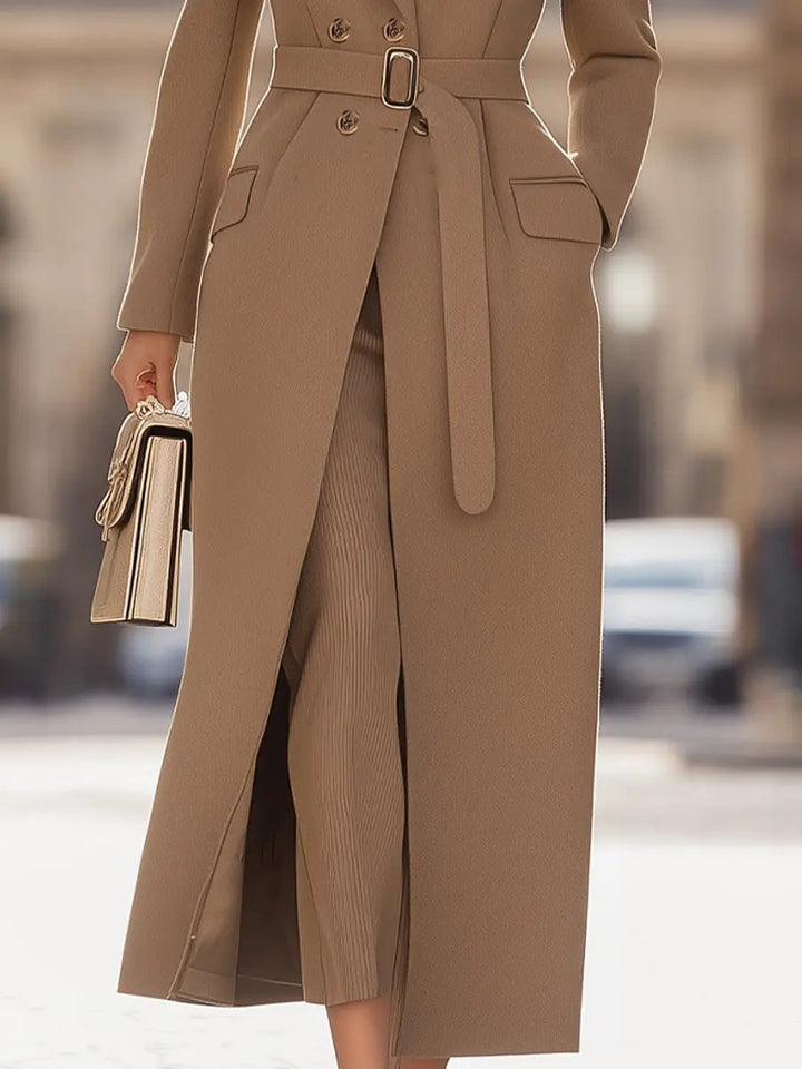 Women's Chic Belted Long Camel Coat - Coat CASA LARO