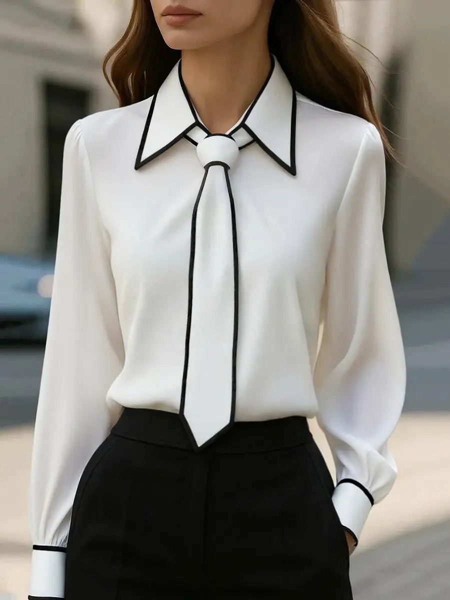 Women's Chic Contrast-Trim Tie-Neck Bow - Blouse CASA LARO