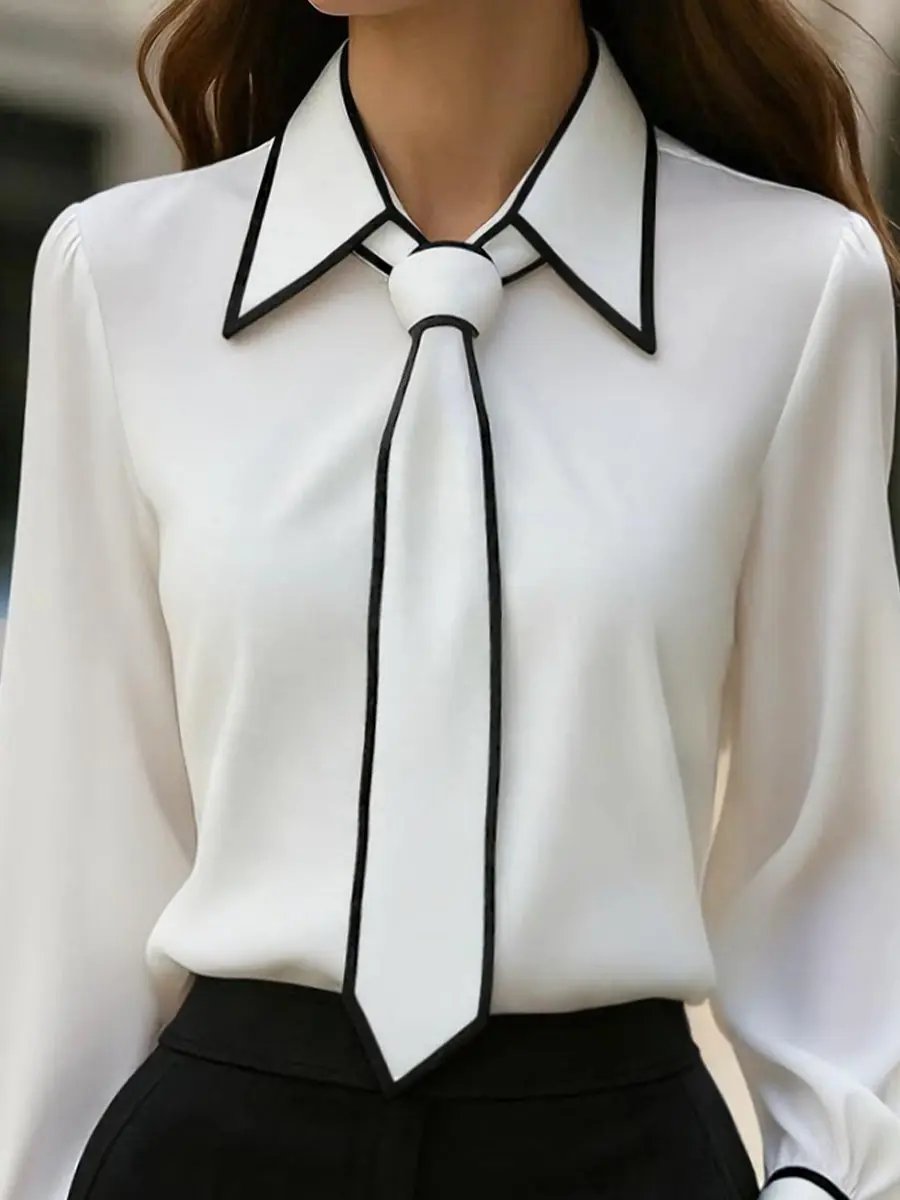 Women's Chic Contrast-Trim Tie-Neck Bow - Blouse CASA LARO