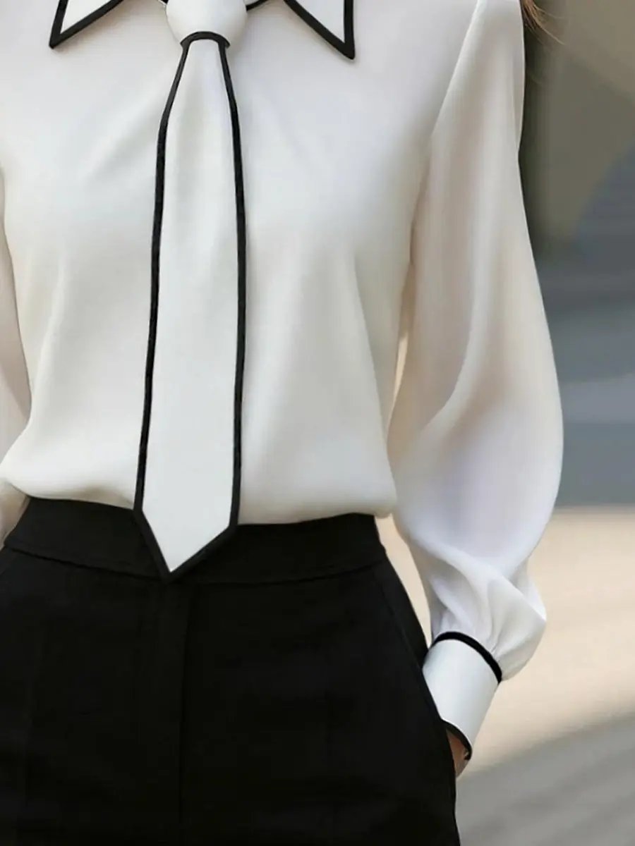 Women's Chic Contrast-Trim Tie-Neck Bow - Blouse CASA LARO