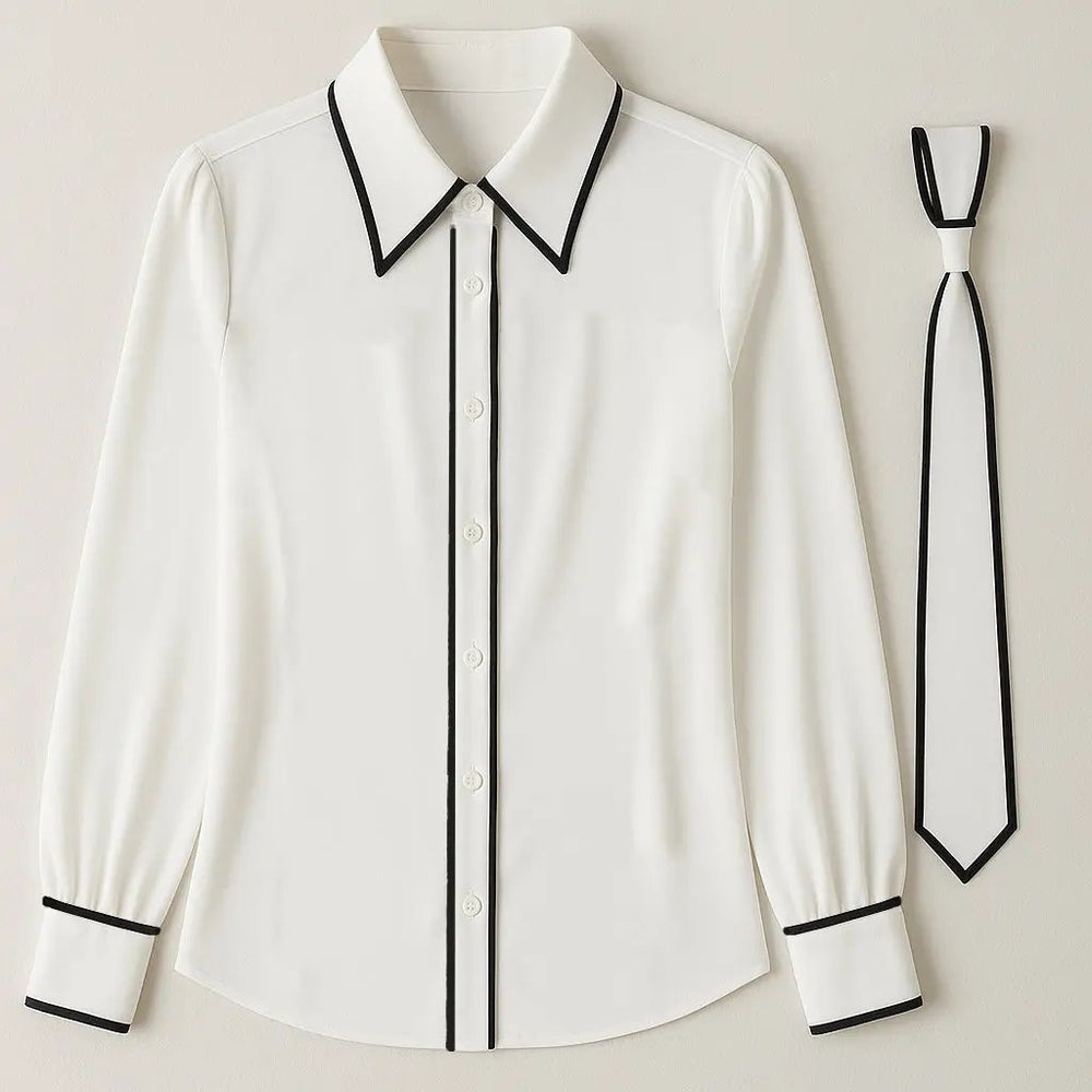 Women's Chic Contrast-Trim Tie-Neck Bow - Blouse CASA LARO