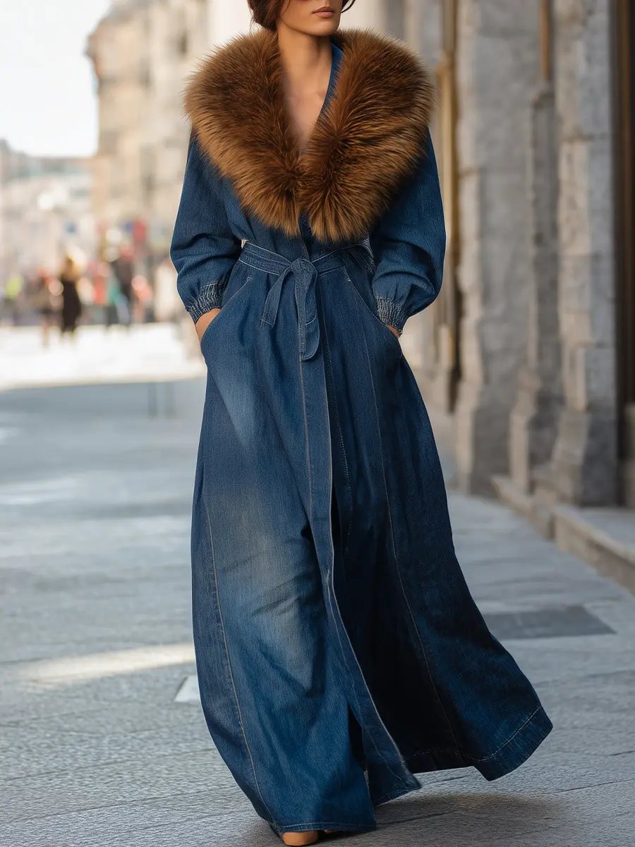 Women's Faux Fur Collar Longline Denim Coat - Denim Coat CASA LARO