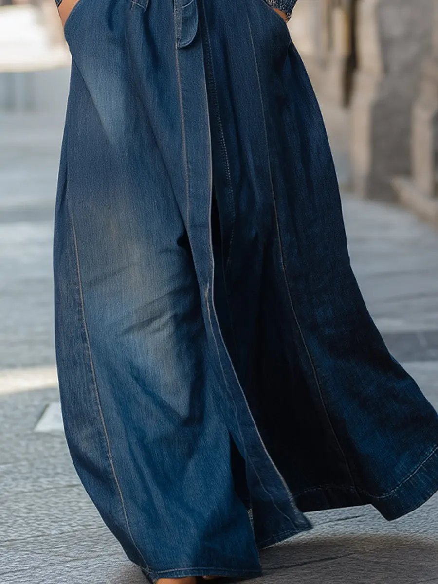 Women's Faux Fur Collar Longline Denim Coat - Denim Coat CASA LARO