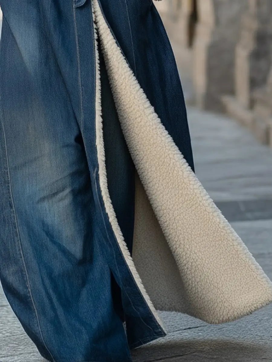 Women's Faux Fur Collar Longline Denim Coat - Denim Coat CASA LARO