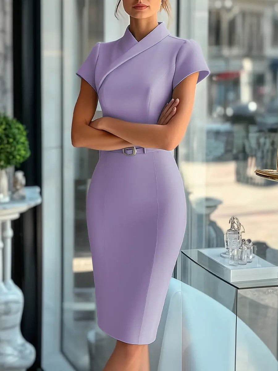 Women's Sky Blue Sleek Asymmetrical Belted Dress - Midi Dress CASA LARO