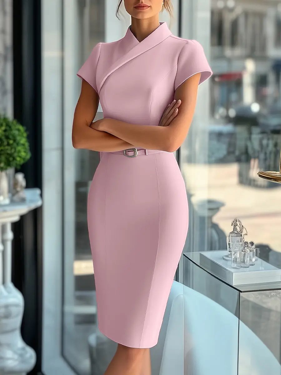 Women's Sky Blue Sleek Asymmetrical Belted Dress - Midi Dress CASA LARO