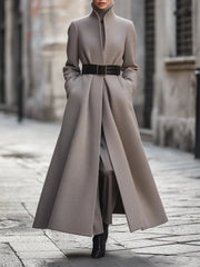 Women's Taupe High-Collar Belted Longline - Coat CASA LARO