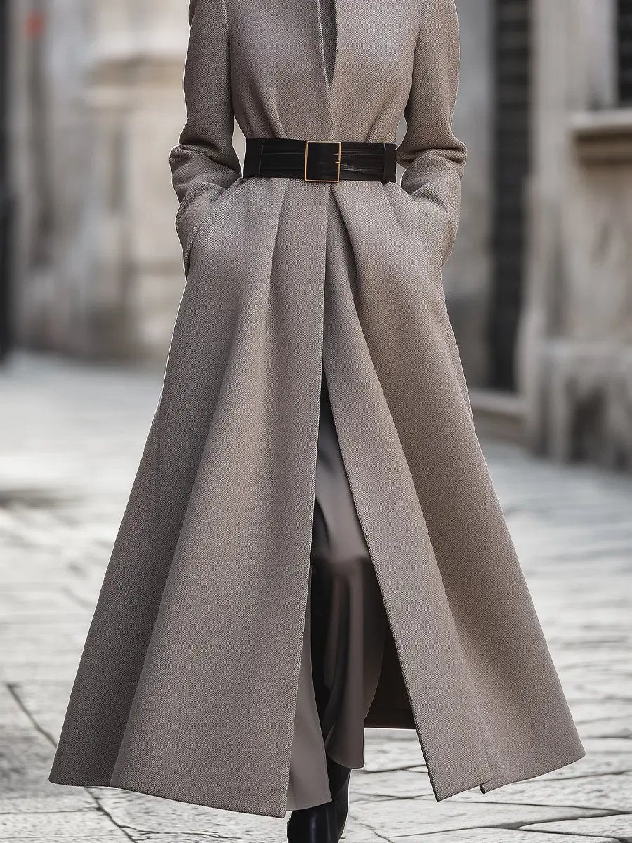 Women's Taupe High-Collar Belted Longline - Coat CASA LARO