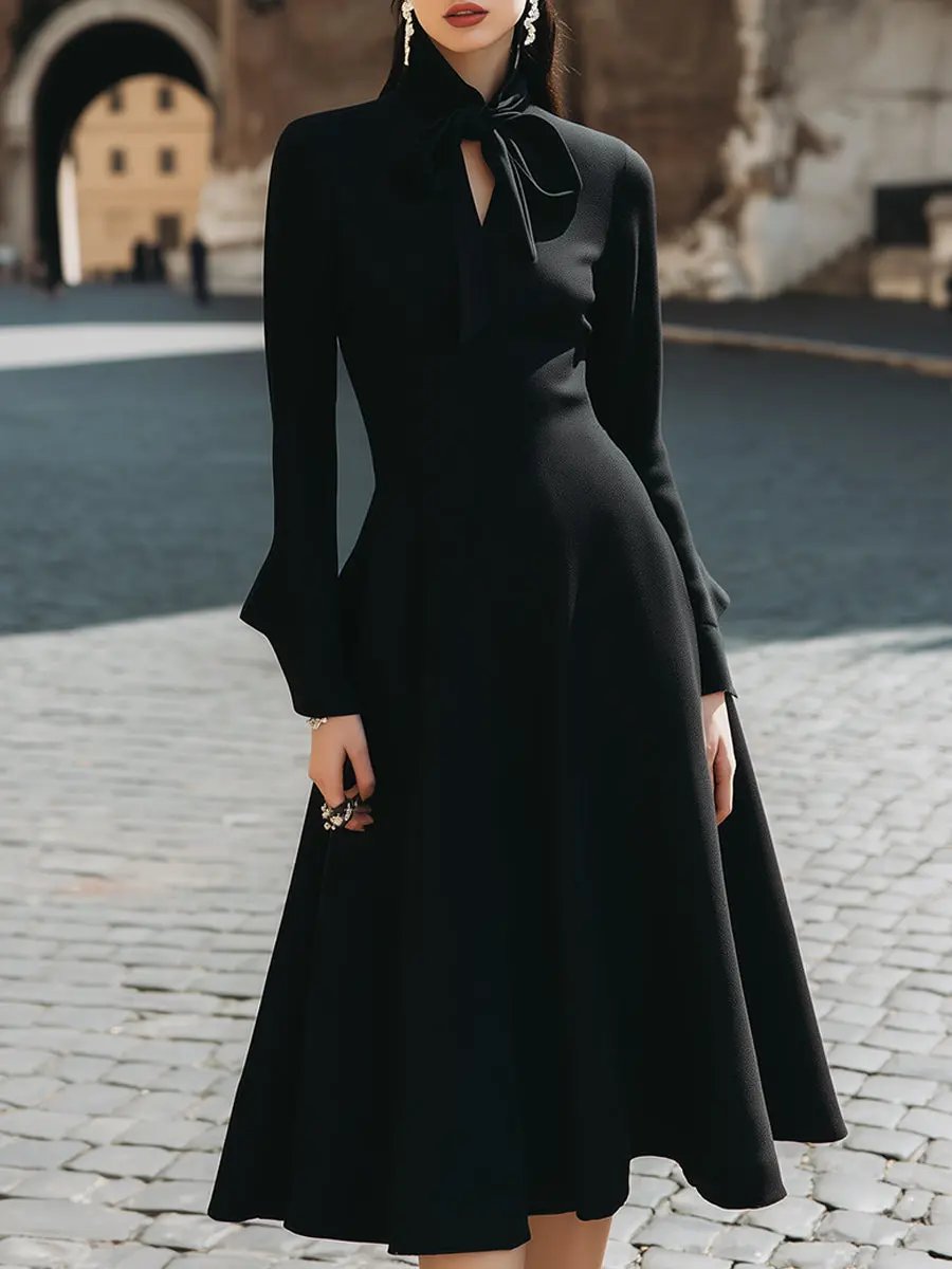 Women's Tie-Neck A-Line, Waist-Defined - Midi Dress CASA LARO