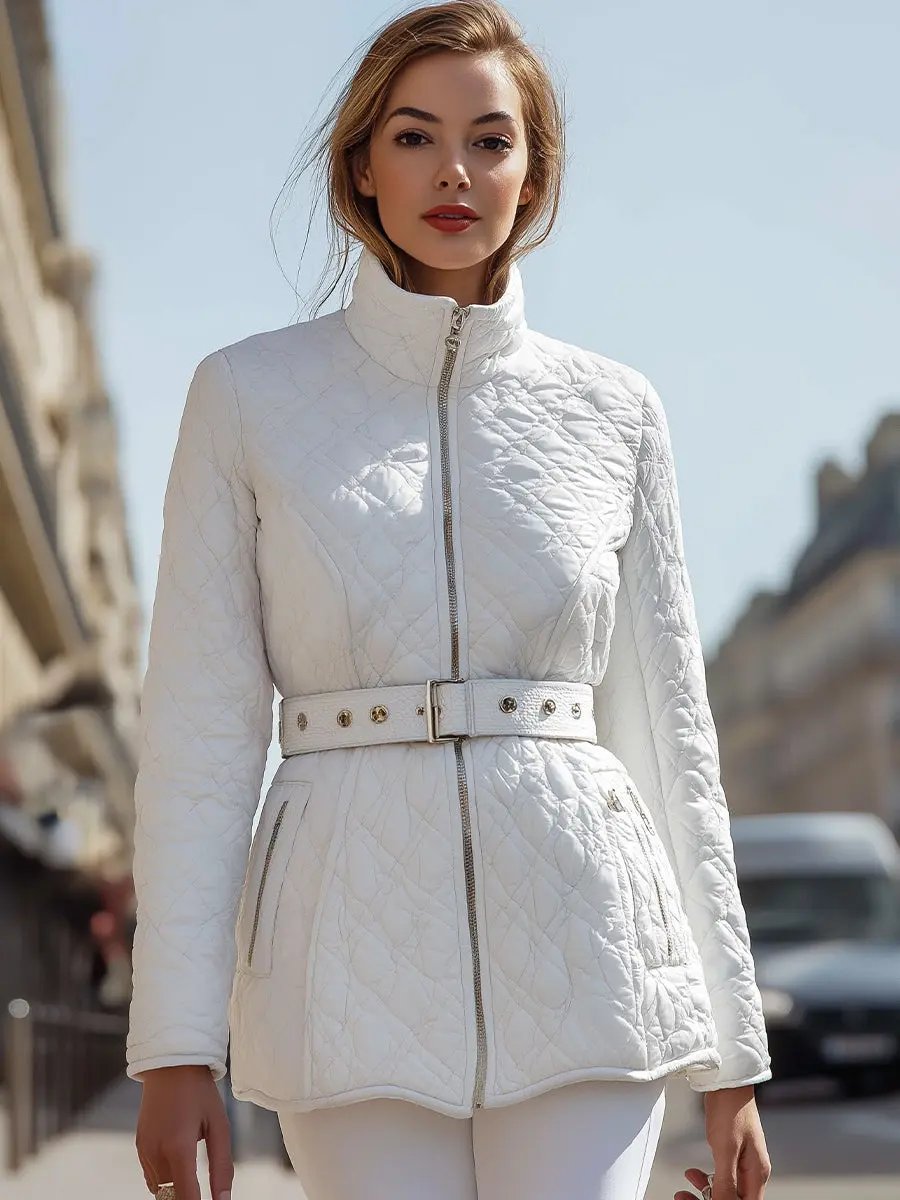 Women's White Quilted Belted High-Collar - Jacket CASA LARO