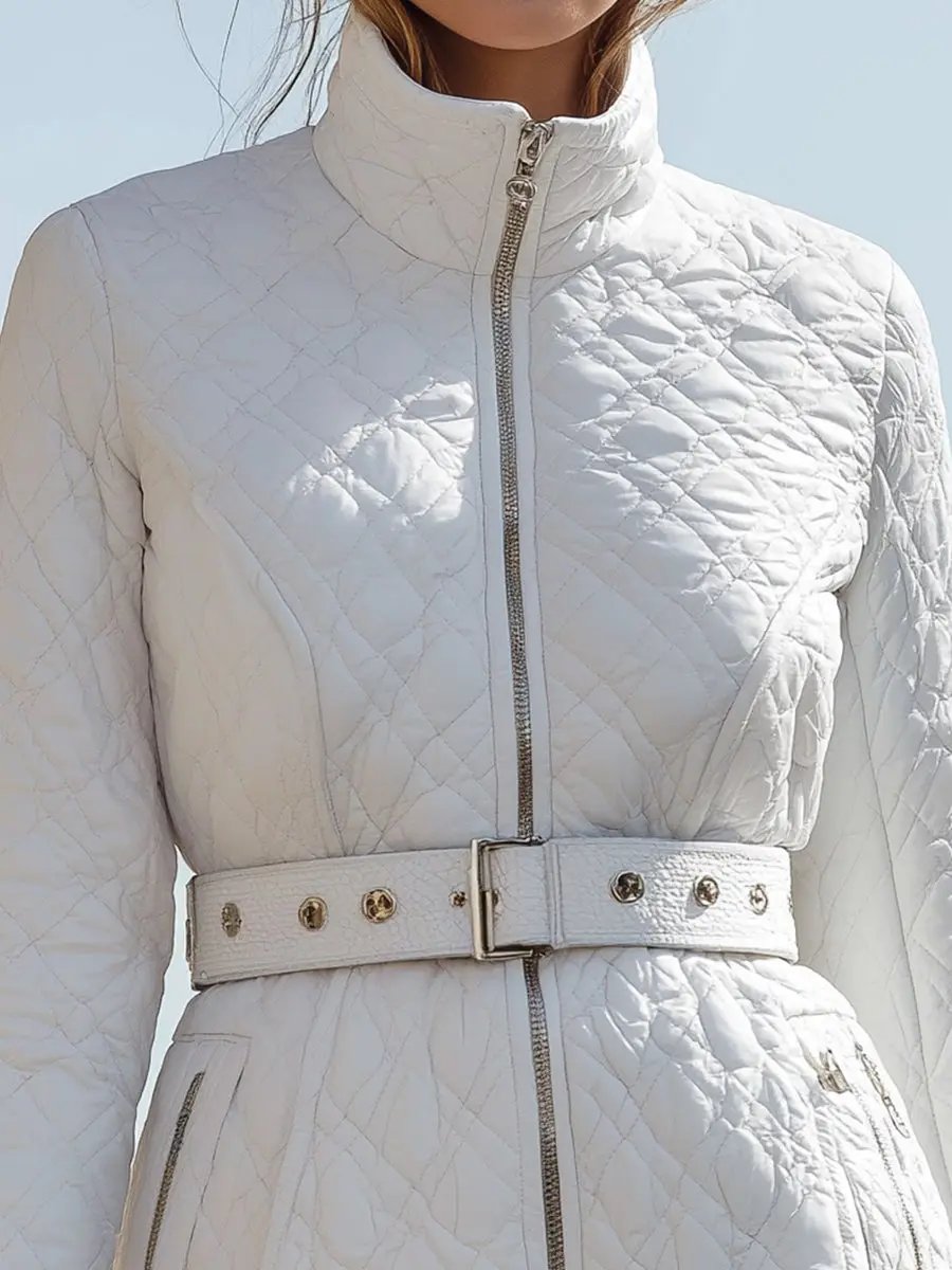 Women's White Quilted Belted High-Collar - Jacket CASA LARO