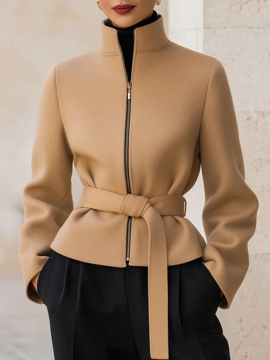 Wool-Blend Belted Zipper Jacket - Short Coat CASA LARO