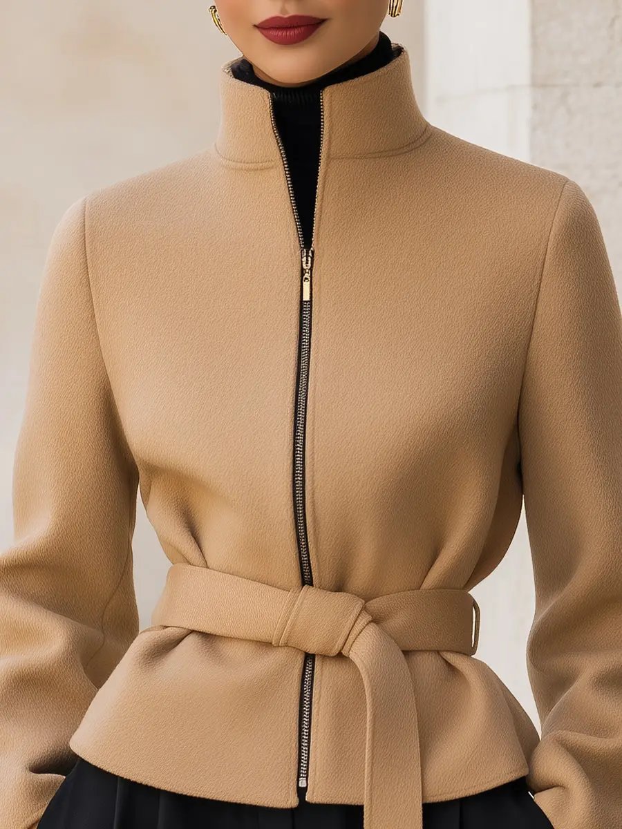 Wool-Blend Belted Zipper Jacket - Short Coat CASA LARO