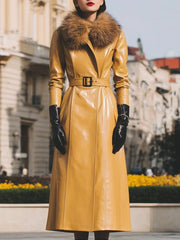 Yellow Faux Leather With Faux Fur Collar - Women's Coat CASA LARO