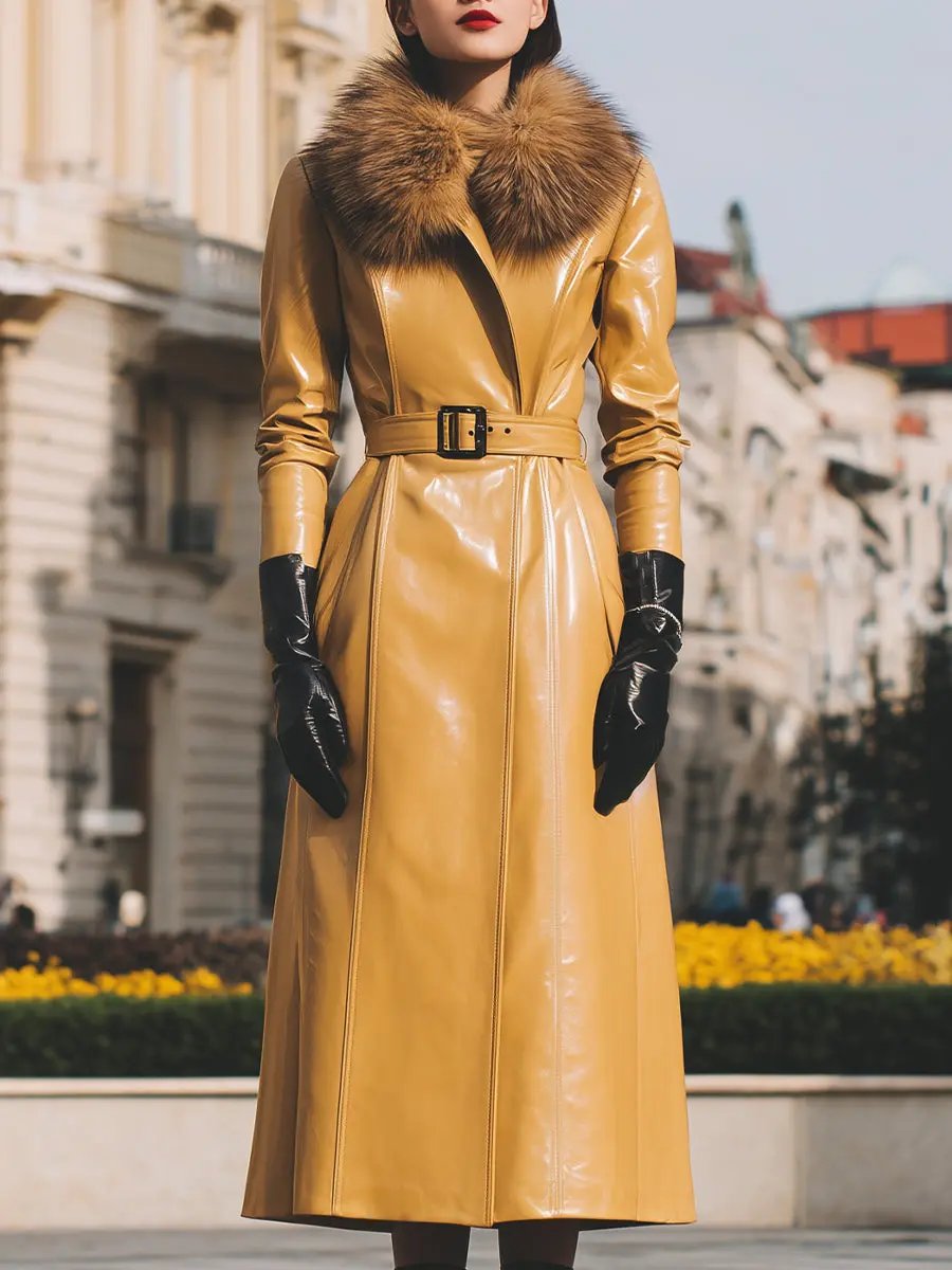 Yellow Faux Leather With Faux Fur Collar - Women's Coat CASA LARO