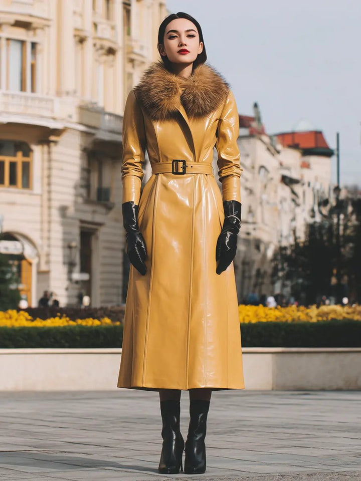 Yellow Faux Leather With Faux Fur Collar - Women's Coat CASA LARO