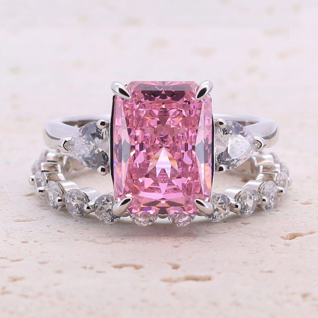 4.0CT Three Stone Pink Sterling Silver Engagement Ring with Eternity Band shine of diamond