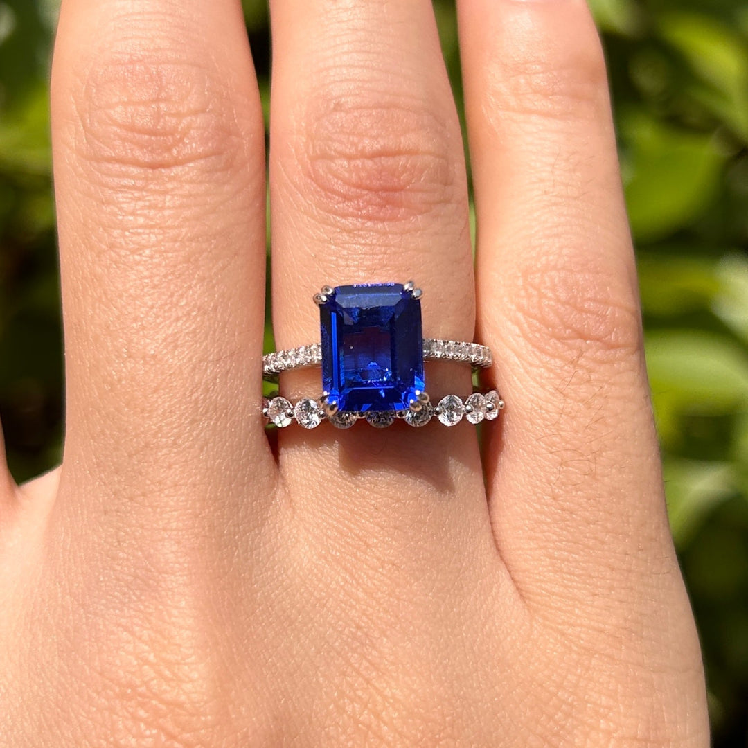 Vintage Blue Emerald Cut Sterling Silver Bridal Set Carly Jewelry