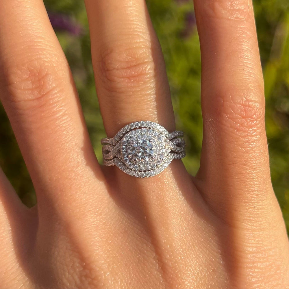 Gorgeous 3 Pcs Round Cut Halo Sterling Silver Bridal Set Shine of Diamond