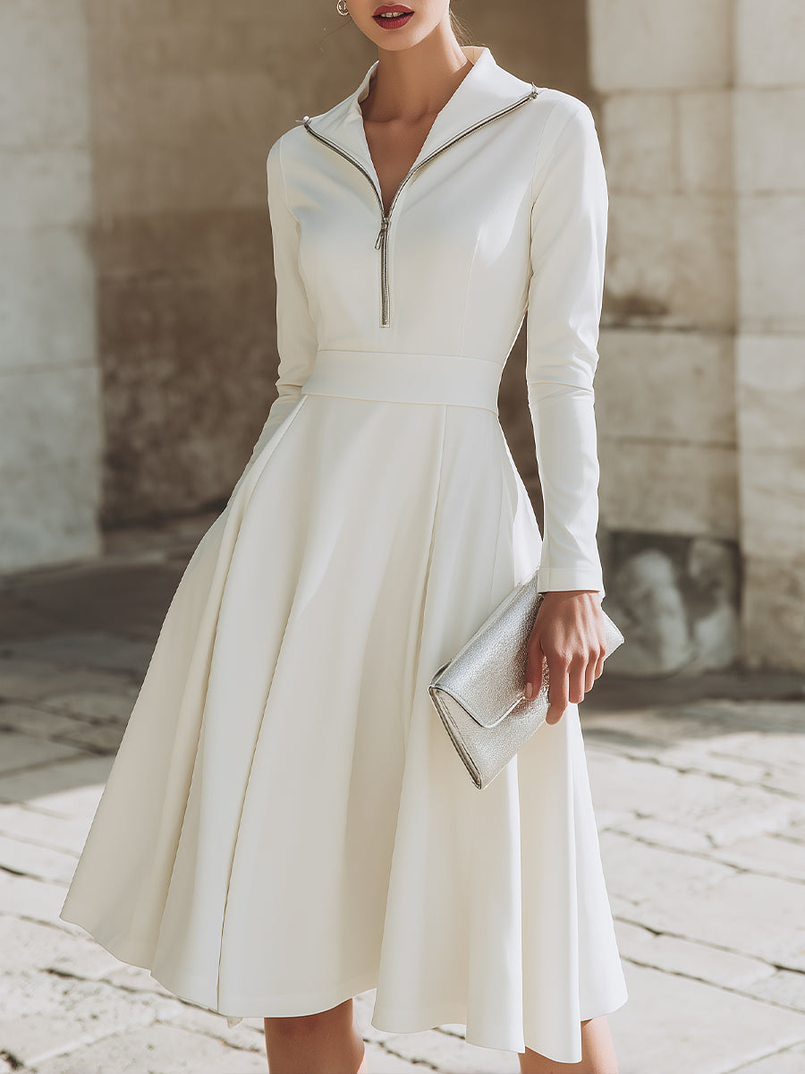 Zip-Front Long Sleeve Fit-and-Flare Midi Dress XYS