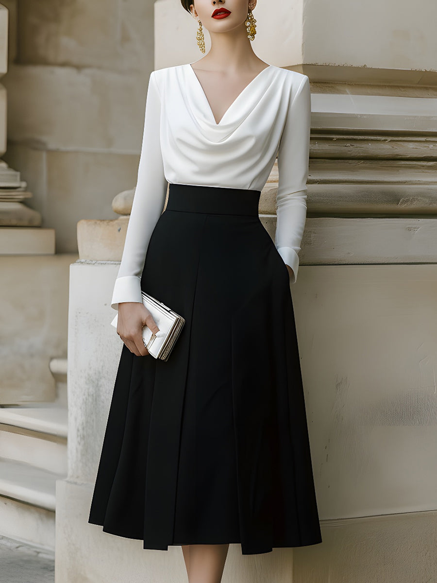 Draped Neck Contrast Midi Dress XYS