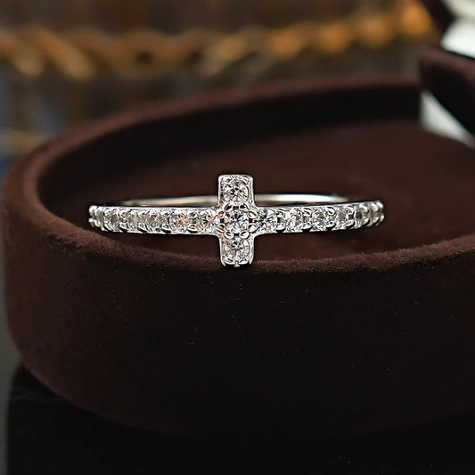 Simple Cross Design Sterling Silver Band Shine of Diamond