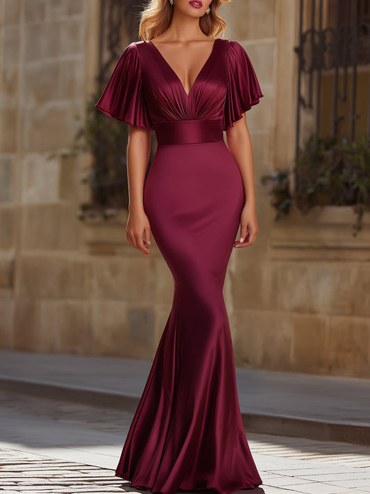 Satin Flutter Sleeve Mermaid Evening Dress MLZ