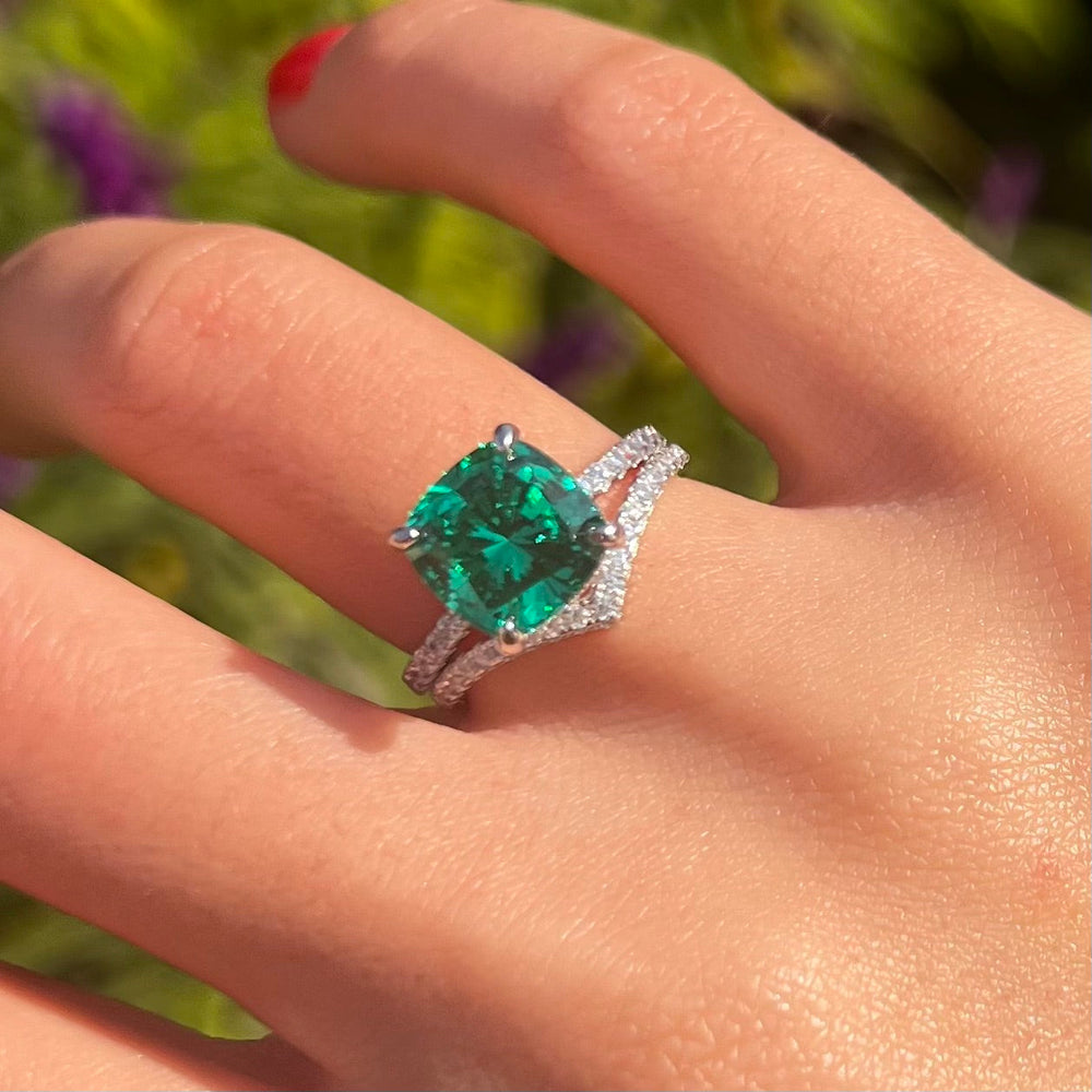 Vintage 2 Pcs Green Cushion Cut Hidden Halo Bridal Sets In Sterling Silver Shine of Diamond