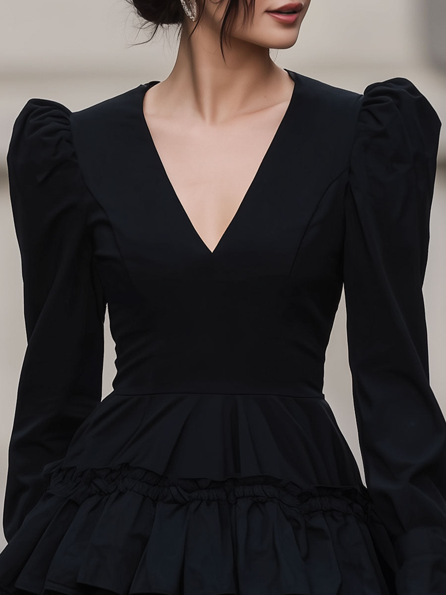 Casa Laro Dramatic Black Puff-Sleeve Tiered Mini Dress SN
