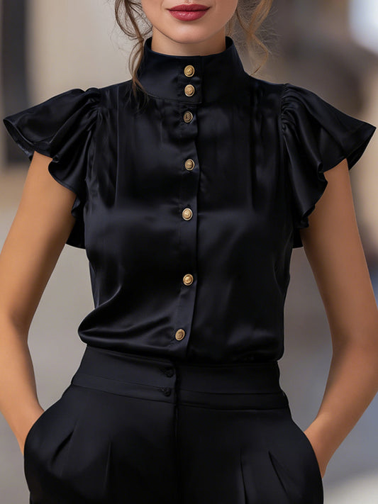 Satin High-Neck Flutter Sleeve Blouse With Gold Buttons MLZ