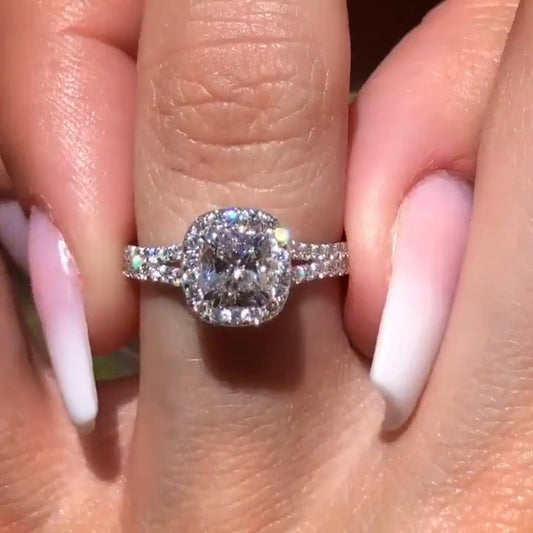 Halo Cushion Cut Split Shank Engagement Ring in Sterling Silver shine of diamond