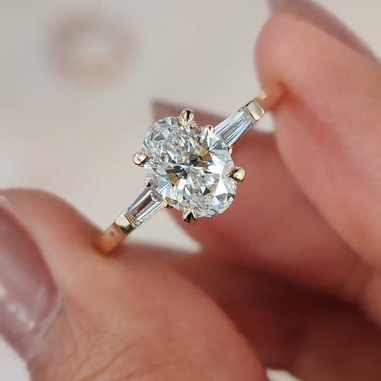 Three Stone Oval Cut with Side Tapered Baguette Cut  Engagement Ring Shineofdiamond