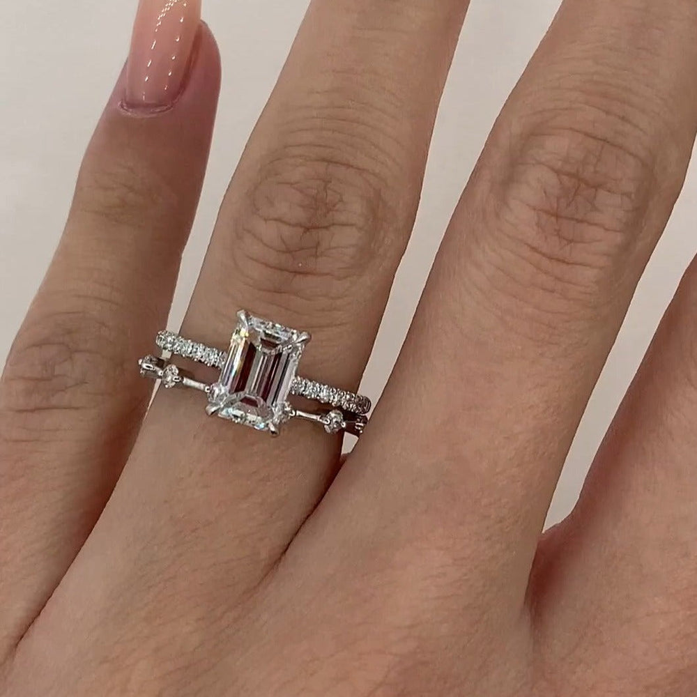 2PCS Emerald Cut Bridal Set Rings In Sterling Silver shineofdiamond