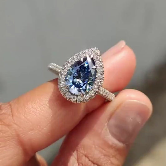 Halo Pear Cut Blue Stone Engagement Ring Three Sided Pave In Sterling Silver Shineofdiamond
