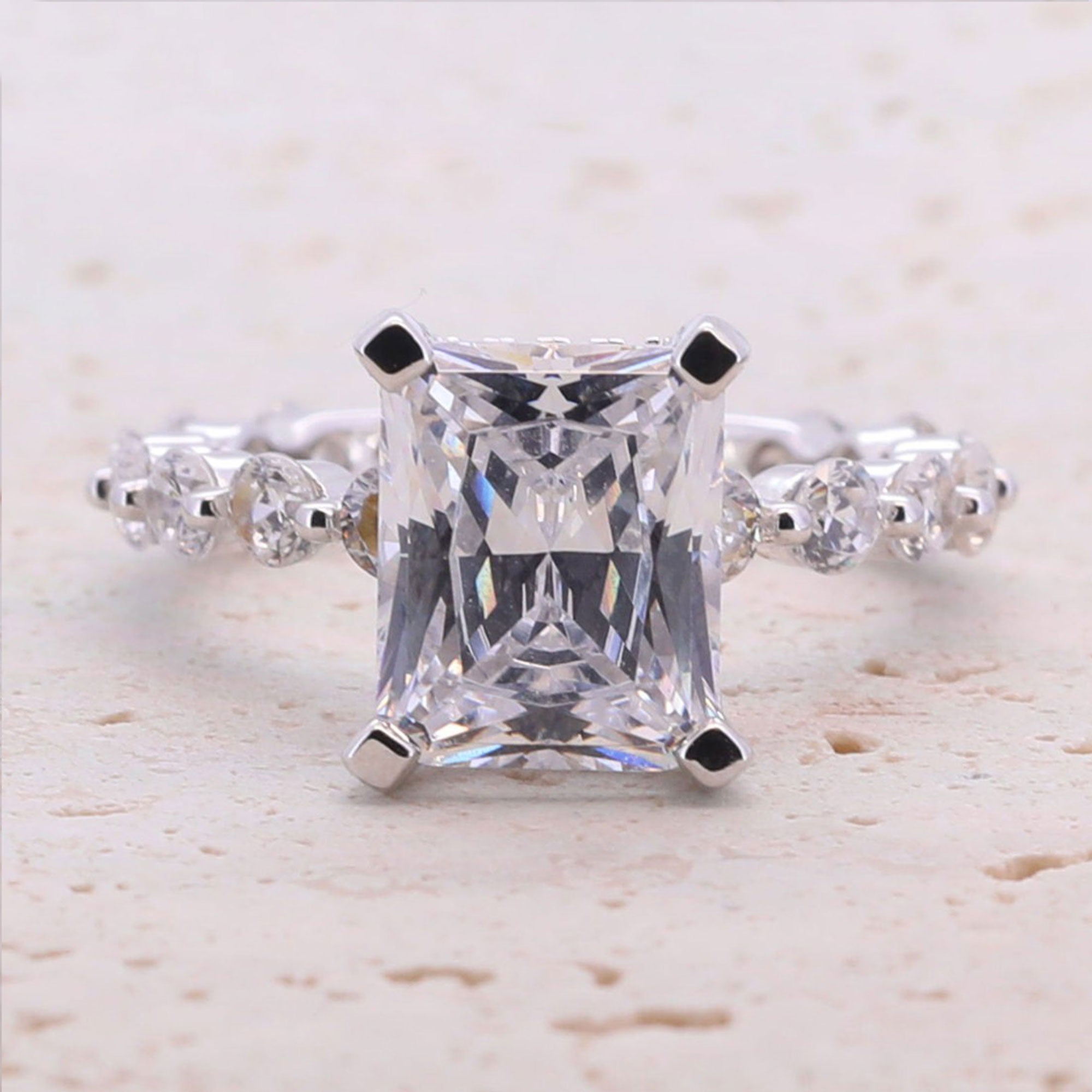 Classic 4.0ct Princess Cut Sterling Silver Engagement Ring with Half Eternity Band shine of diamond