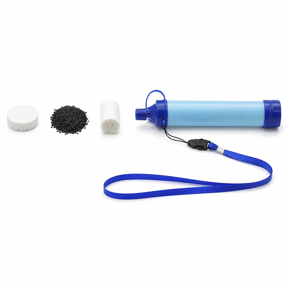Illustrative reconstruction of the three filter media named by the supplier beside an Aquor filter straw