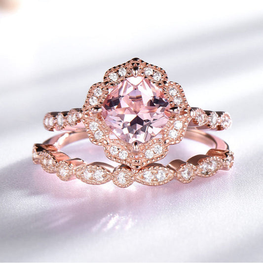Vintage Pink Morganite Rose Gold Tone Ring Set Carly Jewelry