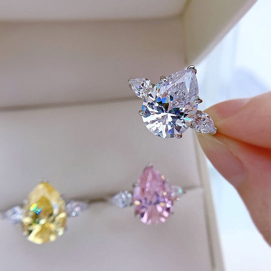 Classic Three Stone Yellow Pear Cut Sterling Silver Engagement Ring Shine of Diamond