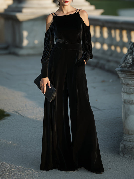 Cold-Shoulder Velvet Wide-Leg Jumpsuit XYS