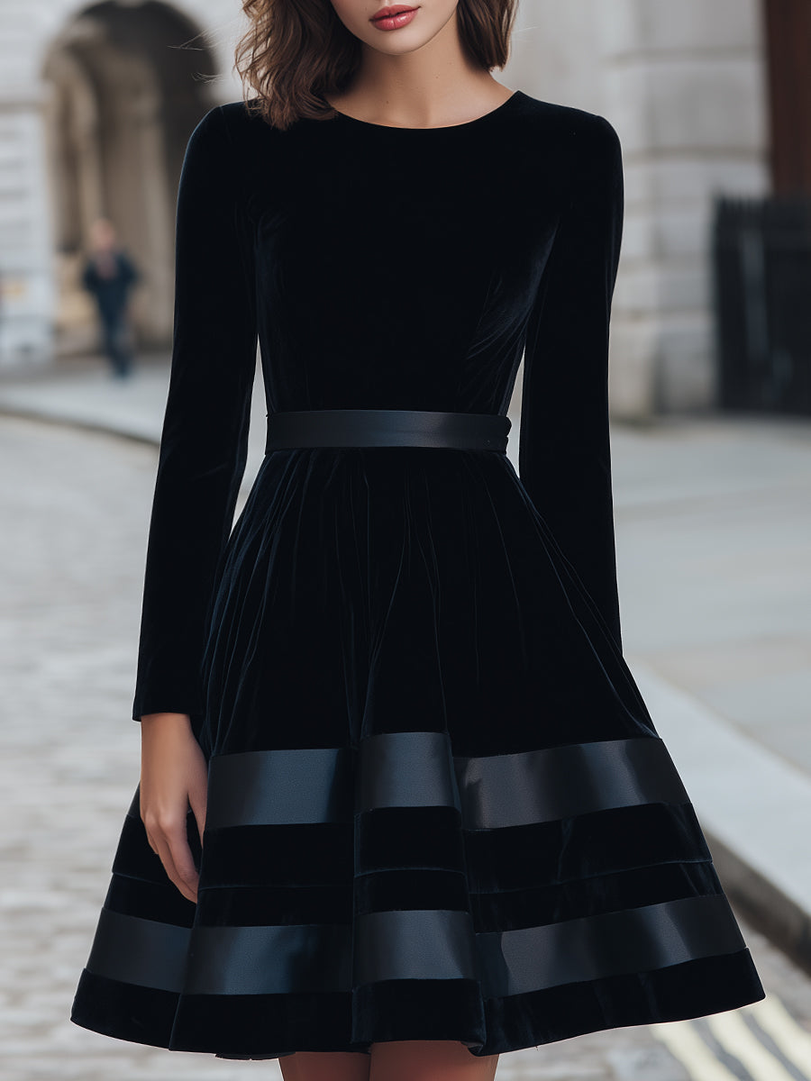 Black Velvet Fit-and-Flare Dress With Satin Stripes ZJ