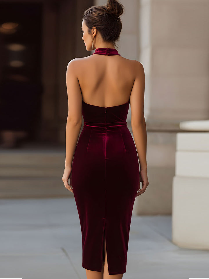 Rich Burgundy Velvet Halter-Neck Bodycon Midi Dress SN