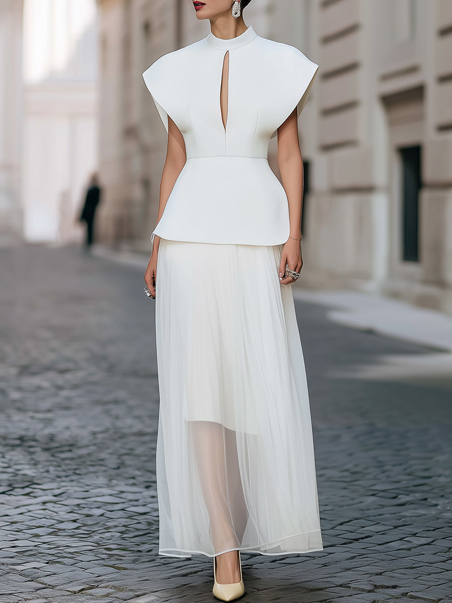 Elegant Structured Peplum Top & Sheer Layered Maxi Skirt Set HWT