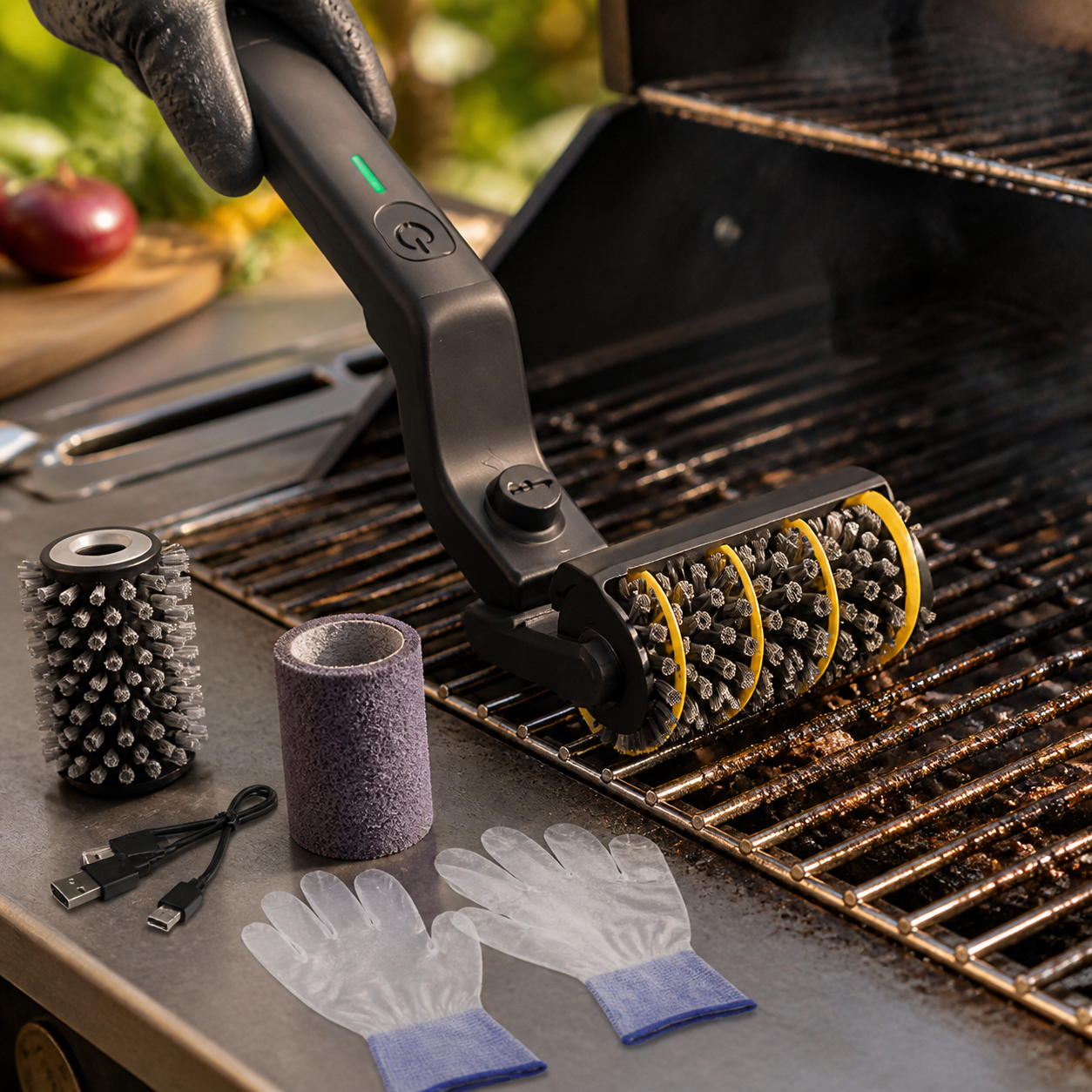 Brasen electric grill scraper cleaning a grill grate
