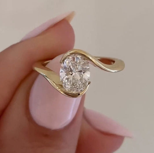 Oval Cut Bypass Solitaire Engagement Ring in Sterling Silver Shineofidamond