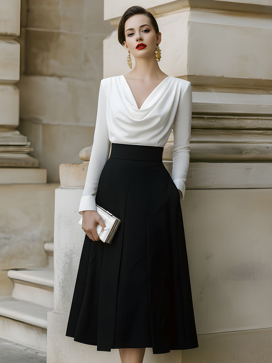 Draped Neck Contrast Midi Dress XYS