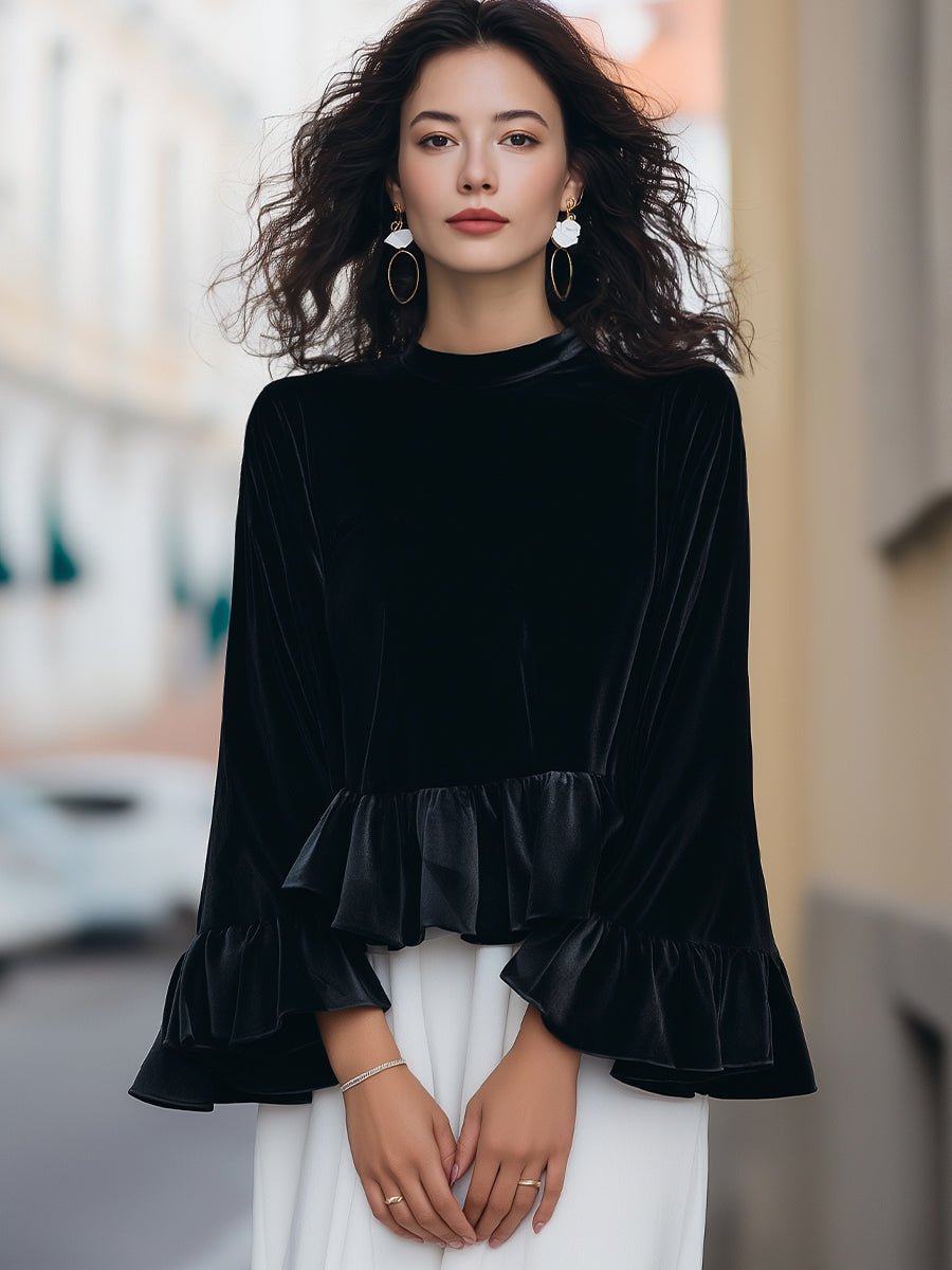 Round Neck Velvet Ruffle-Trim Blouse MLZ
