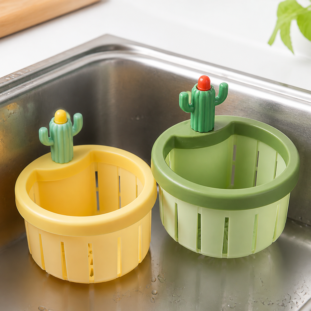 Cacticlean green and yellow cactus sink strainer baskets in a sink