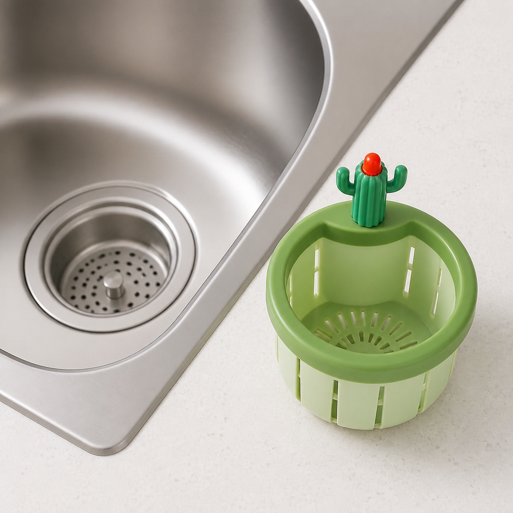 Cacticlean sink strainer beside a standard kitchen drain